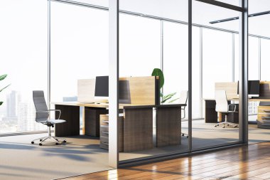 Ahşap mobilyalı parlak modern ofis odası, gerçekçi stil, cam duvar arka planı, iş yeri konsepti, 3D oluşturma