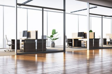 Çağdaş ofis içi cam duvarlar, ahşap döşeme, parlak şehir manzarası arka plan, kurumsal çalışma alanı konsepti. 3B Hazırlama