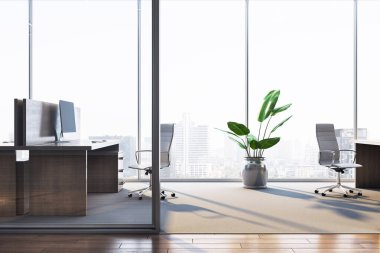 Çağdaş ofis odası, şık mobilyalar, kapalı fabrika, ve şehir silueti arka planı, temiz şirket içi konsepti sergiliyor. 3B Hazırlama