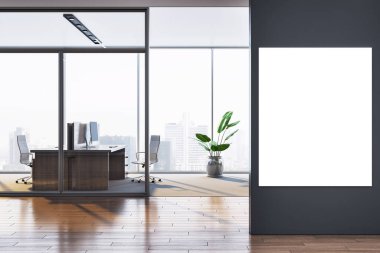 Çağdaş ofis odası, cam bölme, ahşap zemin ve duvarda iş planı veya sunumu için boş dikey poster çerçevesi. 3B Hazırlama