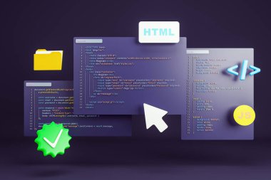 HTML, CSS ve JavaScript kod bloklarının koyu arkaplan üzerinde yüzen web sembolleri ve UI elemanlarının renkli 3D yorumlanması, web geliştirme konsepti