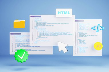 HTML, CSS ve JS kod parçacıkları ile programlama arayüzü, 3D biçimlendirme biçimi, mavi bir gradyan arkaplan, web geliştirme kavramı