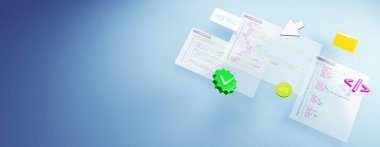 Açık mavi arkaplan üzerinde HTML, CSS ve JS kodlarıyla yüzen programlama arayüzü, kodlama, öğrenme ve web yapısı için 3D oluşturma kavramı