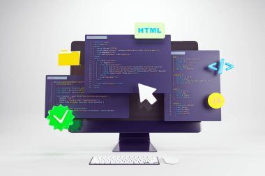 HTML, CSS ve JS kod panellerinin ışık arkaplanındaki bir bilgisayar ekranının önünde süzülmesi, programlamayı, interneti ve web öğrenme kavramını sembolize eder. 3B Hazırlama