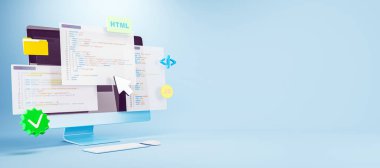 Açık mavi gradyan üzerinde yüzen HTML ve JavaScript kod parçacıkları, simgeler ve imleç içeren bilgisayar monitörü. Yazılım geliştirme kavramı. 3B Hazırlama