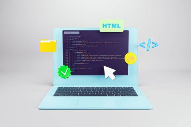 Ekranda HTML kodlu dizüstü bilgisayar, JS ve dizin gibi yüzen simgeler, ışık arkaplan üzerinde 3B Renderleme biçimi, web geliştirme öğrenme kavramı