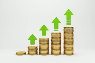 Altın para yığınları yükseliyor ve arka planda yeşil oklar var. Finansal büyüme, yatırım ve tasarruf kavramı. 3B Hazırlama