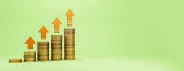 Açık yeşil arka planda yükselen okları olan altın para yığınları. Yatırım, tasarruf ve finansal büyüme kavramı. 3B Hazırlama