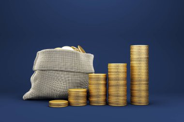 Altın sikkeli para çantası ve yükselen bozuk para desteleri gerçekçi grafik tarzı, koyu mavi arka plan. Tasarruf, servet ve yatırım kavramı. 3B Hazırlama