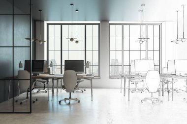 Geniş pencereli çağdaş ofis alanı, gerçekçi tasarımdan parlak bir arka planda çizime geçiş. Çalışma alanı görselleştirme kavramı. 3B Hazırlama.