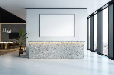 Terrazzo kaplamalı modern resepsiyon masası, temiz duvarda büyük boş bir poster çerçevesi, cam pencereler ve şehir manzarası, kurumsal ofis kavramı. 3B Hazırlama