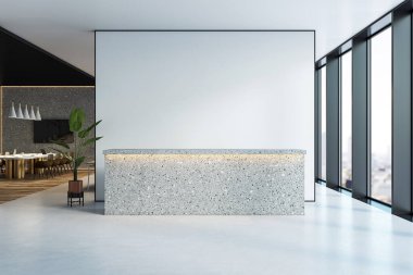 Terrazzo resepsiyonlu modern ofis, poster modeli için boş duvar, cam pencerelerden şehir manzarası, 3D görüntüleme.