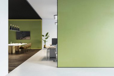 Çağdaş ofis içi yeşil duvar, asgari düzen ve temiz tasarım, şirket binasında toplantı odası ve çalışma alanını gösteriyor. 3B Hazırlama