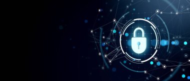 Koyu arkaplanda parlayan ağ bağlantıları olan dijital asma kilit simgesi. Gelecekçi internet güvenliği, veri koruması ve mahremiyet kavramı. 3B Hazırlama