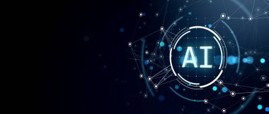 Birbirine bağlı ağ çizgilerine ve koyu fütüristik arka planda parlayan mavi düğümlere sahip yapay zeka dijital sembolü. Yapay zeka ve veri kavramı. 3B Hazırlama