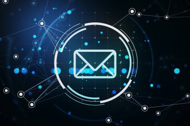 Parlak holografik efekte sahip e-posta simgesi, karanlık dijital ağ arka planında fütürist siber tasarım, sanal iletişimi temsil ediyor. 3B Hazırlama