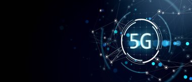 Koyu arkaplanda mavi neon ışığı ile gelecekteki dijital bağlantıları olan 5G ağ sembolü. Yenilikçi siber teknoloji ve veri kavramı. 3B Hazırlama.