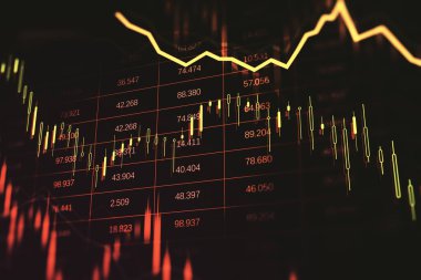 Koyu fonda kırmızı şamdan şeması ve sarı çizgi grafiği finansal krizi, borsa çöküşünü ve küresel ekonomik çöküşü simgeliyor. 3B Hazırlama
