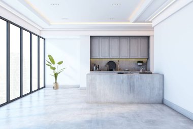 Beton adalı gösterişli mutfak, büyük cam pencereler ve parlak iç planda modern minimalist tarzda saksı bitkisi. 3B Hazırlama