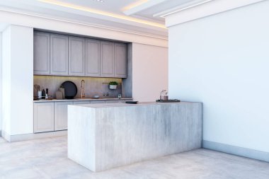 Parlak zemin zemin zemininde beton adalar, aydınlatma dolapları ve çevre ışıklandırmasıyla süslü bir mutfak. Modern tasarım kavramı. 3B Hazırlama