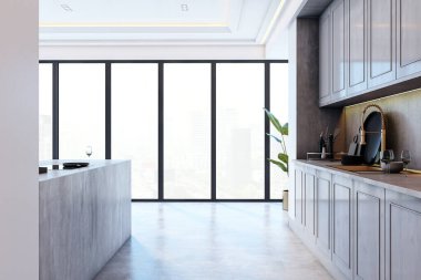Temiz hatları, ahşap dolapları, beton dokuları ve şehir manzarasını gösteren büyük cam pencereleri olan modern mutfak. 3B Hazırlama