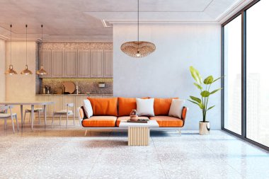 Portakal rengi kanepe, hafif ahşap mobilya, terrazzo döşeme ve şehir manzarasını gösteren geniş pencereli modern iç mekan. 3B Hazırlama
