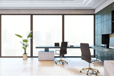 Büyük cam pencereli modern ofis odası, temiz ahşap zemin, şık mobilyalar ve modern duvar rafları. 3B Hazırlama