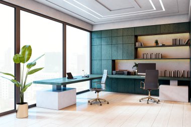 Gösterişli, geniş pencereli modern ofis odası, zarif mobilyalar, ahşap duvar panelleri ve hafif ahşap zemin, profesyonel çalışma alanı konsepti, 3D oluşturma