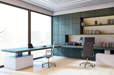 Modern ofis içi geniş pencereler, minimalist mobilyalar, ahşap duvar panelleri ve açık şehir manzaralı. 3B Hazırlama