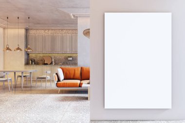 Modern mobilyalı odada, rahat kanepe ve açık mutfak alanı ile duvarda asılı boş, dikey bir poster modeli.