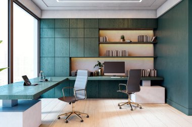 Modern ofis içi yeşil ahşap mobilyalar, ahşap döşeme, geniş pencere ve dekoratif raflar. Şık çalışma alanı kavramı. 3B Hazırlama