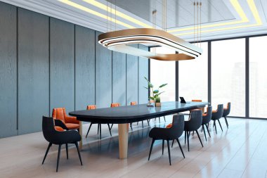 Modern mobilyaları olan modern ofis konferans odası ve cam pencerelere dayalı şık ışıklandırma seti ve şehir manzaralı arka plan. 3B Hazırlama