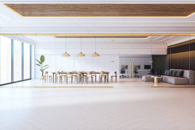 Ahşap mobilyalar, cam bölmeler ve temiz ve parlak bir iş ortamında doğal ışığın yer aldığı geniş modern ofis içi. 3B Hazırlama