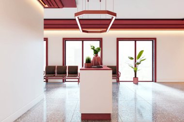 Modern mobilyaları, kırmızı süslemeleri, terrazzo zeminleri, büyük pencereleri ve kapalı mekanlı bitkileri olan resepsiyon alanı. Temiz mimari iç mekanın 3B görüntülenmesi