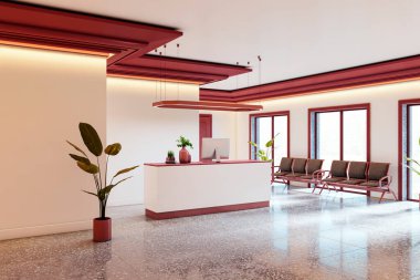 Kırmızı tavan aksanlı şık bir resepsiyon masası, parlak sandalyeler ve parlak zemin zeminli bitkiler. Modern ofis kavramı. 3B Hazırlama