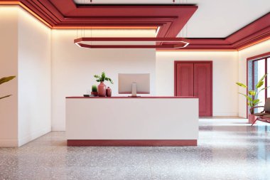 Modern iş iç mimarisinde minimalist kabul masası, kırmızı tavan ve süsleme, terrazzo zemin, kapalı yer bitkileri, temiz çağdaş tasarım. 3B Hazırlama