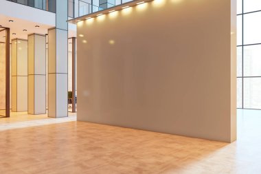 Modern iç mekandaki boş duvar, temiz tasarım, büyük pencereler ve doğal ışık, poster, çerçeve veya afiş sunumu için ideal. 3B Hazırlama