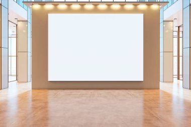Merkezi duvarda, temiz mimari ile çevrili modern ışık dolu binanın içinde büyük boş bir tuval modeli sergileniyor. 3B Hazırlama