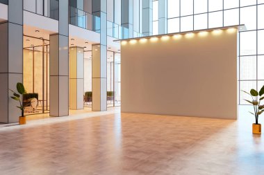 Geniş modern ofis içinde boş duvar görüntüsü, parlak zeminde sıcak ışıklandırma, büyük cam pencereler, sunum konsepti. 3B Hazırlama.