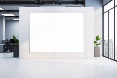 Modern ofis içinde boş beyaz poster çerçevesi, temiz bir düzen, parlak ışıklandırma ve cam pencere arka planı. İş görüntüsü kavramı. 3B Hazırlama.