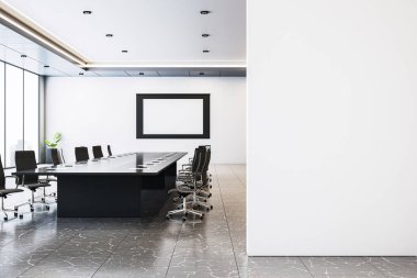 Beyaz duvarında boş poster çerçevesi olan çağdaş ofis toplantı odası, modern tasarım, mermer döşeme, kurumsal konsept, 3D oluşturma