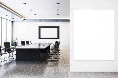 Boş ofis konferans odası. Temiz duvarda boş dikey çerçeve, modern mobilya ve mermer zemin, 3D tasarım, iş içi konsepti.