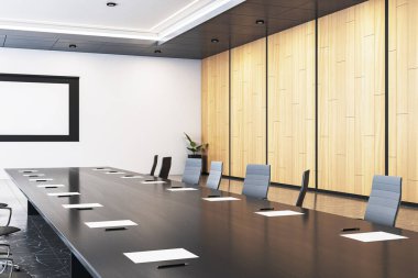 Boş modern konferans odası, siyah masa, sandalyeler ve temiz ofis içinde ahşap duvar tasarımı. 3B Hazırlama