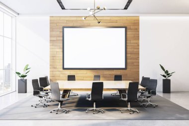 Çağdaş ofis toplantı odası, ahşap duvarında boş çerçeve, modern mobilyalar, pencerelerden şehir manzarası, kurumsal çalışma alanı kavramı. 3B Hazırlama