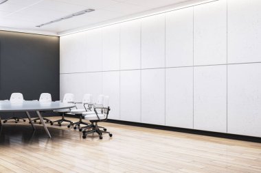 İçinde boş duvar panelleri, modern sandalyeler ve ahşap döşemeler olan bir konferans odası olan çağdaş ofis. Kurumsal modelleme için mükemmel. 3B Hazırlama