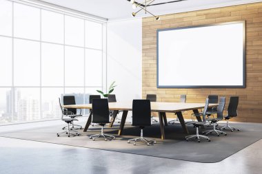 Boş modern ofis toplantı odası, ahşap duvarda boş poster çerçevesi, büyük pencerelerden şehir manzarası, iş sunumu konsepti. 3B Hazırlama.