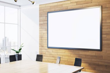 Ahşap duvarında boş çerçevesi olan geniş bir ofis odası, modern mobilyalar, pencereden şehir manzarası, iş sunumu konsepti. 3B Hazırlama