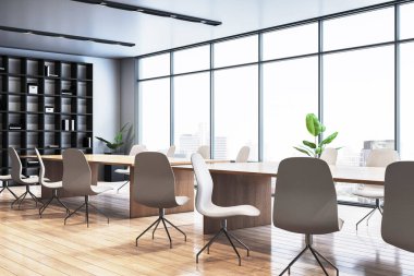 Minimalist mobilyaları, ahşap zemini ve şehir manzarası olan çağdaş ofis konferans odası. İç mekan işi kavramı. 3B Hazırlama