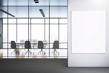 Duvarda, cam konferans odası, sandalye ve şehir manzaralı temiz modern ofis içi boş dikey poster çerçevesi var. 3B Hazırlama