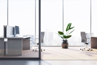 Geniş pencereli parlak modern ofis odası, minimum mobilya, saksı bitkisi ve şehir manzarası arka planı. Kurumsal çalışma alanının 3 boyutlu oluşturulması